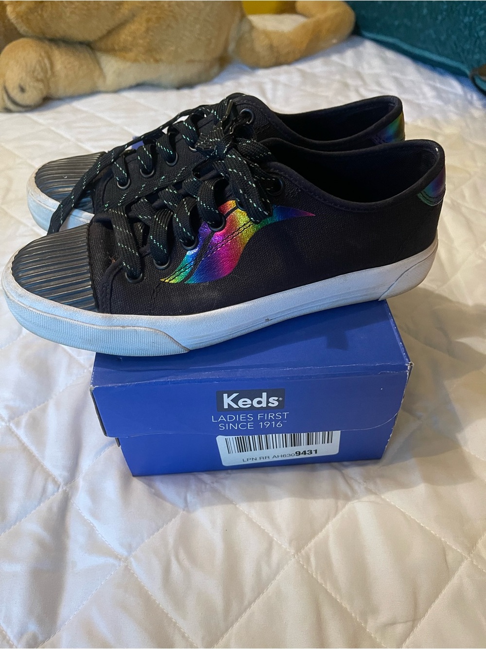 Keds Womens Black Canvas Sneakers with Rainbow Wave Accent